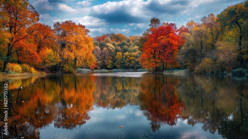A picturesque lake reflecting the fiery hues of autumn foliage, creating a stunning panorama of the leafy season.