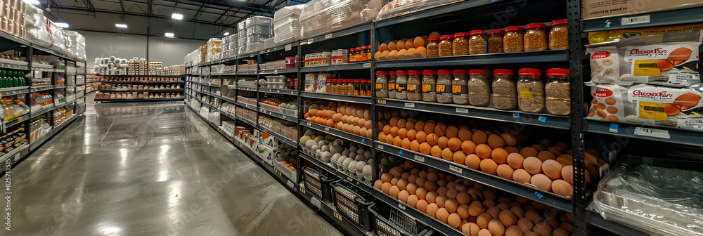 supermarket shopping cart,
Eggs and Milk in Refrigerated Room inside a Costco