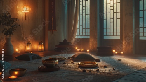 A softly lit room for meditation, with cushions, Tibetan singing bowls, and a subtle incense aroma, inviting mindfulness and tranquility. © UMAR SALAM