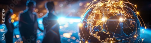Dynamic global network visualization with blurred business professionals. Illuminated interconnected globe symbolizing connectivity and technology.