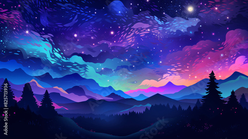 Night Sky with Mountains and Stars for Fantasy Design with copy space text for social media © Yuki