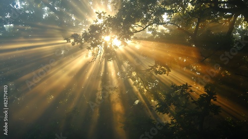 Foggy morning forest strong sun beams