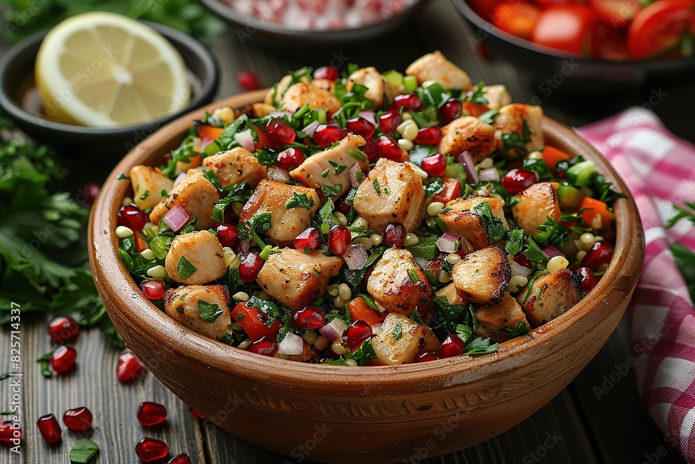A bowl of food with chicken and vegetables, including tomatoes, onions A bowl of food with chicken and vegetables, including tomatoes, onions