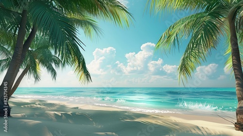 A refreshing tropical beach scene with palm trees swaying in the breeze  epitomizing the hot summer season.