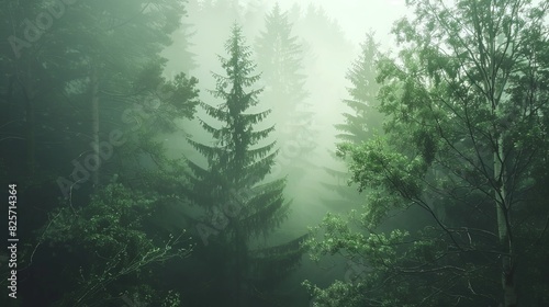 green foggy forest with tall trees  light coming through the tree tops  close up  grainy look