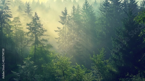 green foggy forest with tall trees  light coming through the tree tops  close up  grainy look