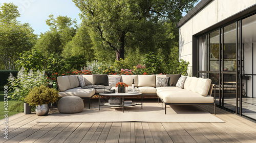 Patio. Garden. Outdoor living space with modern couch  table and pillow.