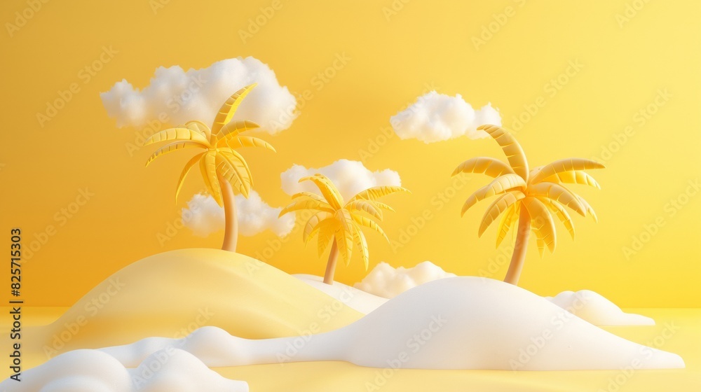 3D render of a simple tropical island with palm trees and sun