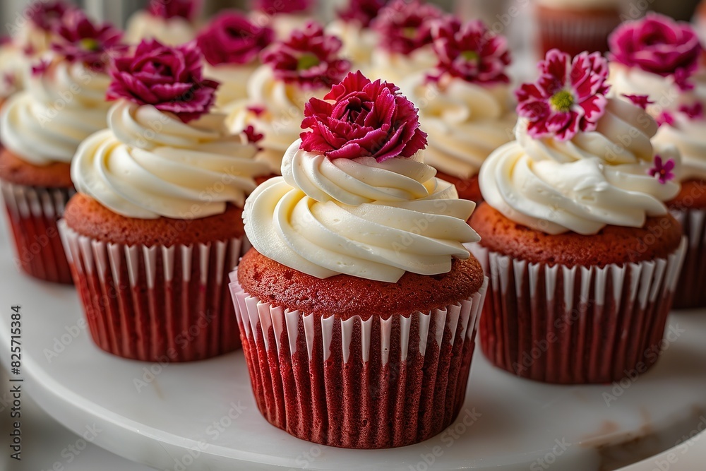 A row of cupcakes with pink frosting and red flowers on top A row of cupcakes with pink frosting and red flowers on top