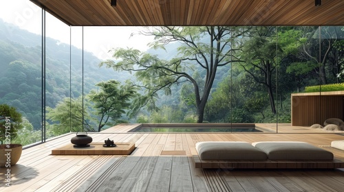 A seamless wooden floor extending from indoors to outdoors  connecting living spaces with nature.