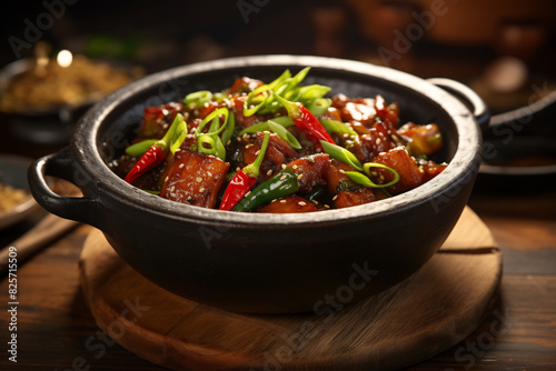 Steaming bowl of spicy crawfish garnished with fresh herbs, lemon wedges, and chili peppers, set against a dark background, showcasing vibrant colors and rich flavors
