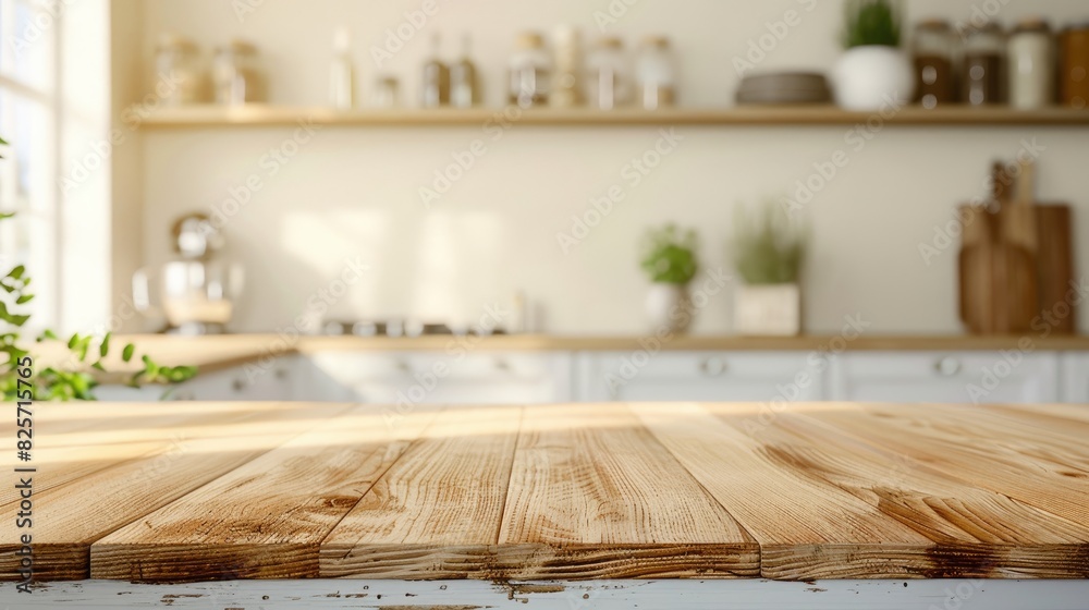Clean and bright modern kitchen interior with blurred bokeh background and an empty beautiful wood table top suitable for product display