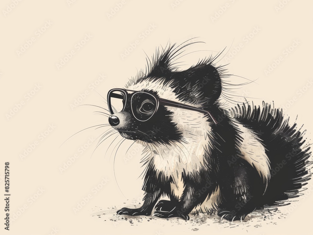 A cute, cartoon skunk wearing glasses. The skunk is sitting and looking to the right, with a whimsical expression. The background is a light beige. A cute, cartoon skunk wearing glasses. The skunk is sitting and looking to the right, with a whimsical expression. The background is a light beige.