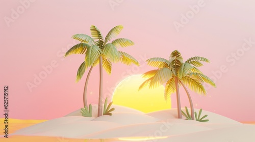 3D render of a simple tropical island with palm trees and sun