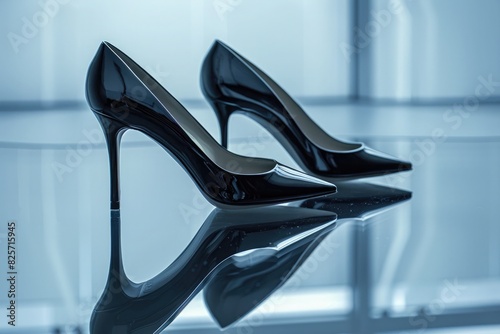 a pair of elegant black stiletto heels on a reflective surface.
