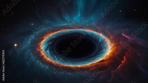A giant black hole in the space, swallowing all the planet and stars around the black hole. photo