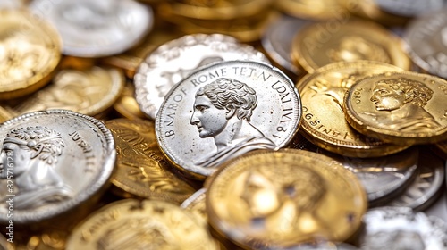 A treasure of Roman gold and silver coinsTrajan Decius AD 249251 AV AureusAncient coin of the Roman EmpireAuthentic silver denarius antoninianusaureus of ancient RomeAntikvariat : Generative AI