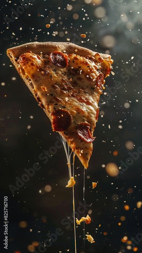 A slice of pizza in mid air, the cheese forming a golden cascade, bridging the gap between craving and satisfaction photo