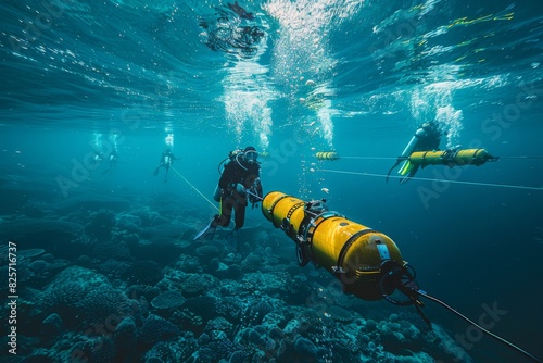 Engineer dives underwater to repair cables.