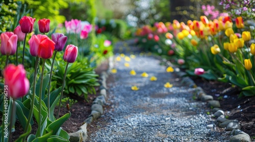 A serene garden pathway lined with blooming tulips of various colors, inviting a peaceful stroll. #825716758