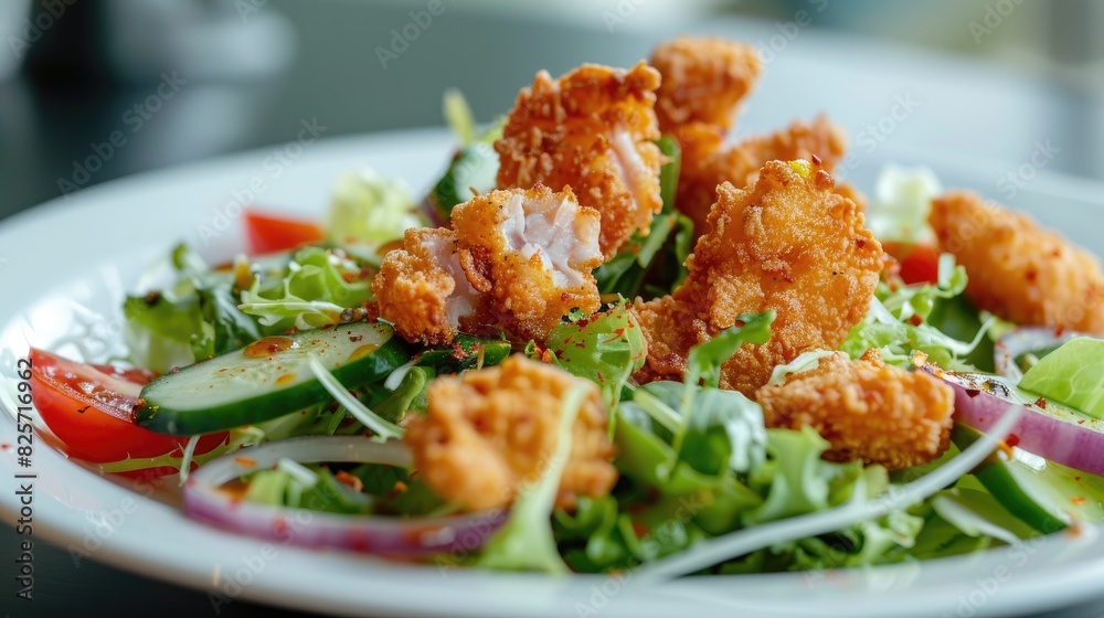 Quick Eats Unhealthy Food Evening Meal Fresh Green Salad with Dressing Tomato Onion Cucumber Crispy cooked