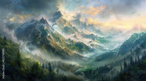 A serene mountain vista with mist-covered peaks and tranquil valleys, evoking a sense of awe and wonder.