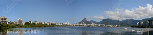 Panoramic photo of Lagoa Rodrigo de Freitas. Lagoa Rodrigo de Freitas. Rio de Janeiro, Ipanema Beach, view of Lagoa Rodrigo de Freitas and the South Atlantic Ocean in the background in Rio de Janeiro photo