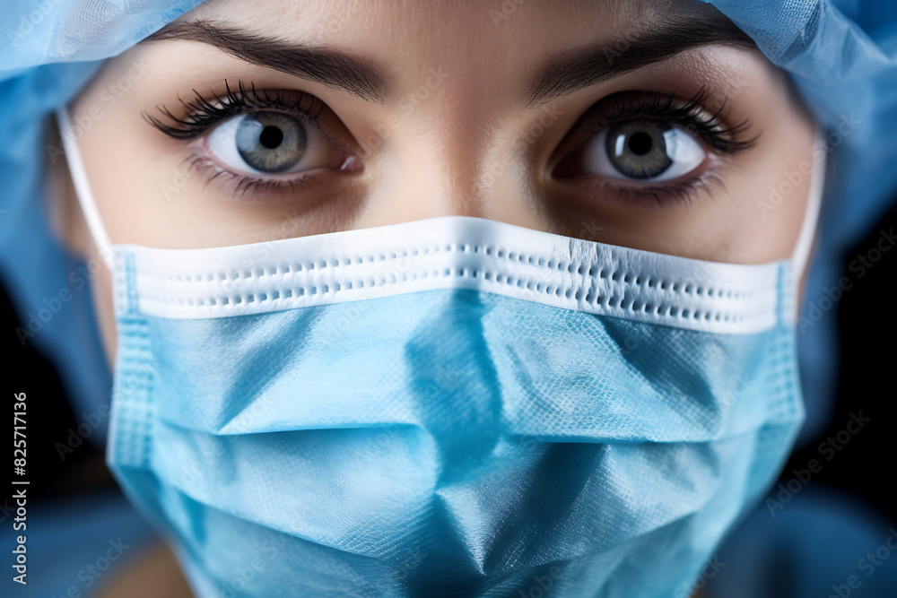 Close-up of a healthcare professional's eyes, wearing a blue surgical mask and cap, conveying focus and determination in a medical setting Close-up of a healthcare professional's eyes, wearing a blue surgical mask and cap, conveying focus and determination in a medical setting