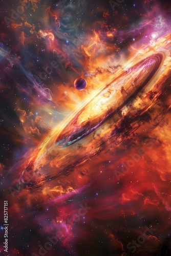 Atractivo fondo espacial,  un planeta que se acerca a una nebulosa en forma de remolino color naranja y amarillo al fondo estrellas lejanas. photo