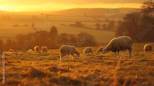 Heard of sheep with lambs grazing on the hills of beeding sussex in the golden hour photo