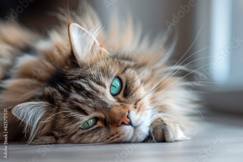 Portrait of a siberian cat with green eyes sleeping on the floor at home. Fluffy purebred straight-eared long hair kitty. Copy space, close up, background. Adorable domestic pet concep - generative ai photo