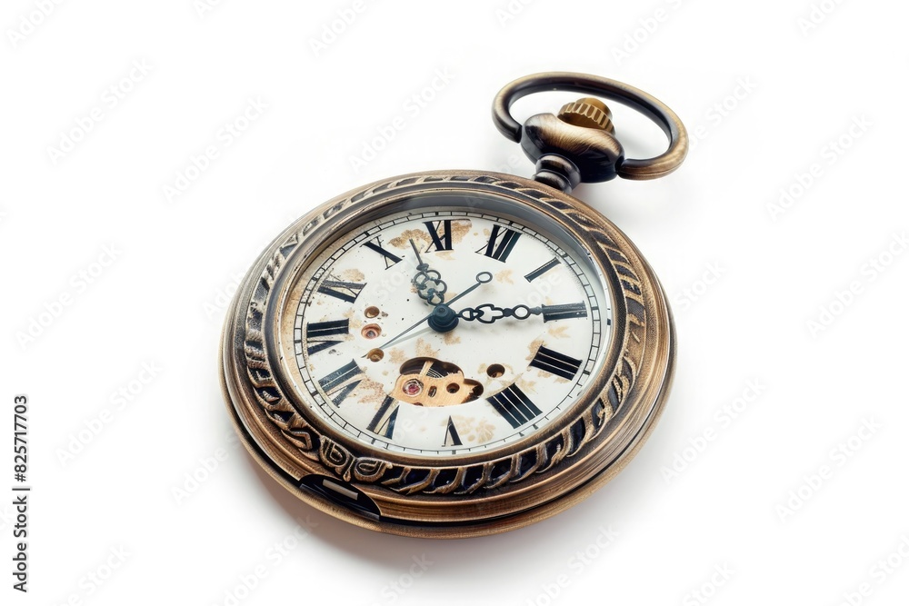 A finely detailed pocket watch, its hands frozen in time, isolated on pure white background. A finely detailed pocket watch, its hands frozen in time, isolated on pure white background.