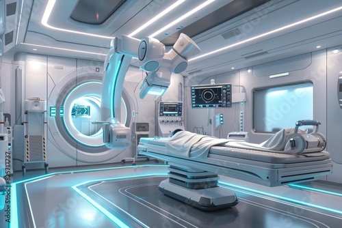 In a futuristic clinic, angioplasty procedures are performed by robotic arms guided by AI to clear blockages in arteries with incredible accuracy