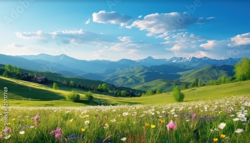 A stunning spring day landscaping views of fertile land surrounded beautiful green vegetation, wide stretches of hills and mountains with clear skies in spring