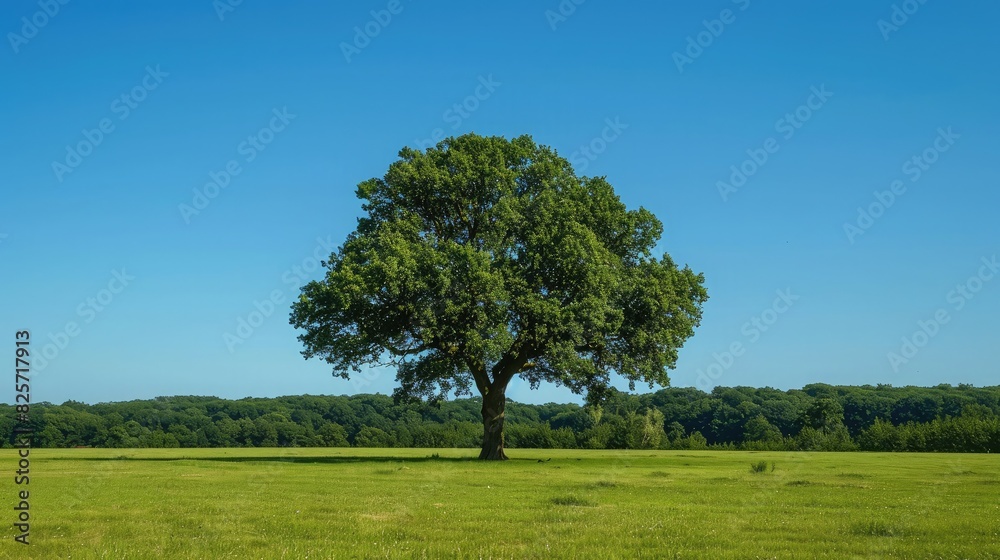 A solitary large tree standing tall in a vast, green meadow under a clear blue sky A solitary large tree standing tall in a vast, green meadow under a clear blue sky