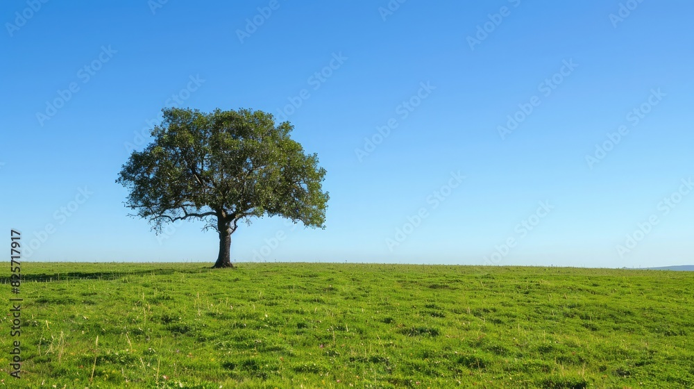 A solitary large tree standing tall in a vast, green meadow under a clear blue sky A solitary large tree standing tall in a vast, green meadow under a clear blue sky