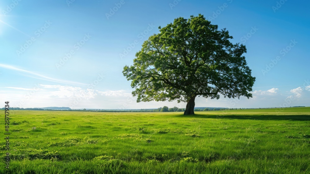 A solitary large tree standing tall in a vast, green meadow under a clear blue sky