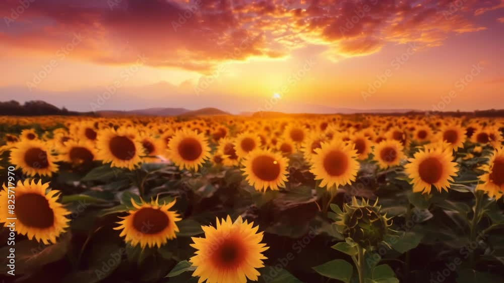 A vast field of sunflowers basking in the warm glow of sunset. The ...