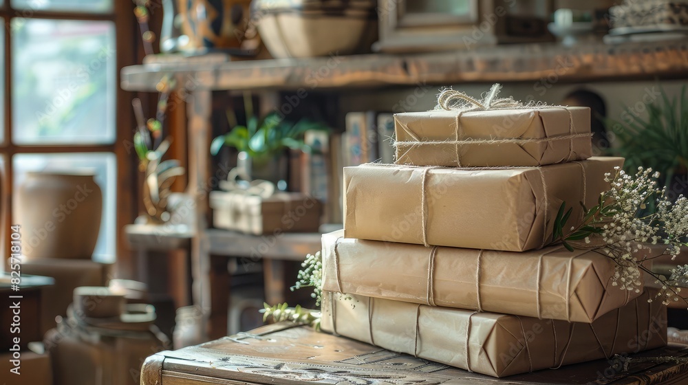 A stack of gift boxes wrapped in rustic paper and twine, adding charm to a country-style celebration. A stack of gift boxes wrapped in rustic paper and twine, adding charm to a country-style celebration.