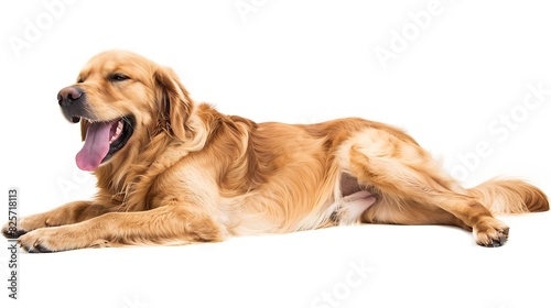 Studio shot of an adorable Golden retriever lying with hanging tongue  isolated on white background   Generative AI