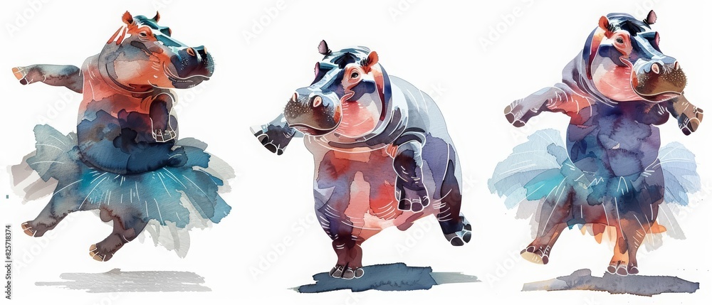 Set of water color of a hippopotamus, wearing a tutu, dancing gracefully in a grand ballroom, Clipart isolated on white Set of water color of a hippopotamus, wearing a tutu, dancing gracefully in a grand ballroom, Clipart isolated on white
