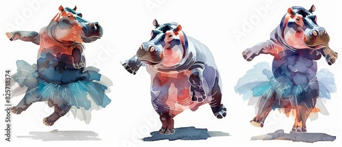 Set of water color of a hippopotamus  wearing a tutu  dancing gracefully in a grand ballroom  Clipart isolated on white