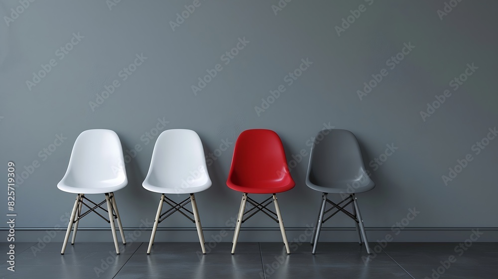Three vacant white chairs and one red on gray wall background in office or room Simple minimalist interior nobody free space Job recruiting leadership and business due covid19 virus mo : Generative AI Three vacant white chairs and one red on gray wall background in office or room Simple minimalist interior nobody free space Job recruiting leadership and business due covid19 virus mo : Generative AI