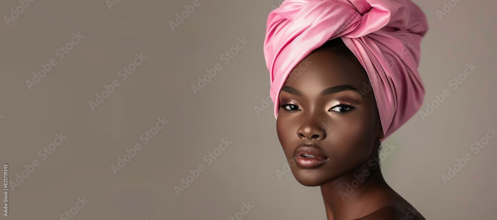 A black woman with makeup is wearing a pink wrap on her head against a neutral background. A black woman with makeup is wearing a pink wrap on her head against a neutral background.