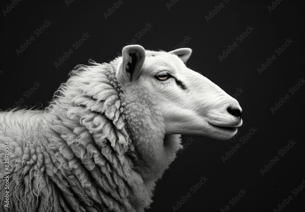 Fototapeta premium Lonely sheep in monochrome on a dark background, looking to the side