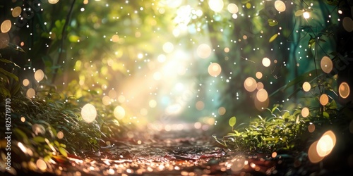 A dreamy forest path with sunlight filtering through the leaves, creating bokeh orbs of light.