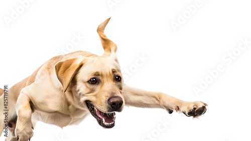 Flying Little Labrador Retriever playing isolated on white studio background Young doggy pet looks playful cheerful sincere kindly Concept of motion action pets love dynamic Copyspace   Generative AI