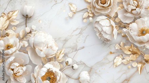 A white background features golden flowers and leaves, white peonies, and golden decorative elements.