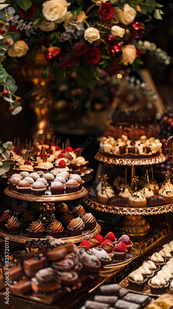 A decadent dessert table at a luxurious event, adorned with intricate pastries, chocolates, and fruits, a feast for both the eyes and the palate. A decadent dessert table at a luxurious event, adorned with intricate pastries, chocolates, and fruits, a feast for both the eyes and the palate.