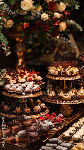A decadent dessert table at a luxurious event  adorned with intricate pastries  chocolates  and fruits  a feast for both the eyes and the palate.